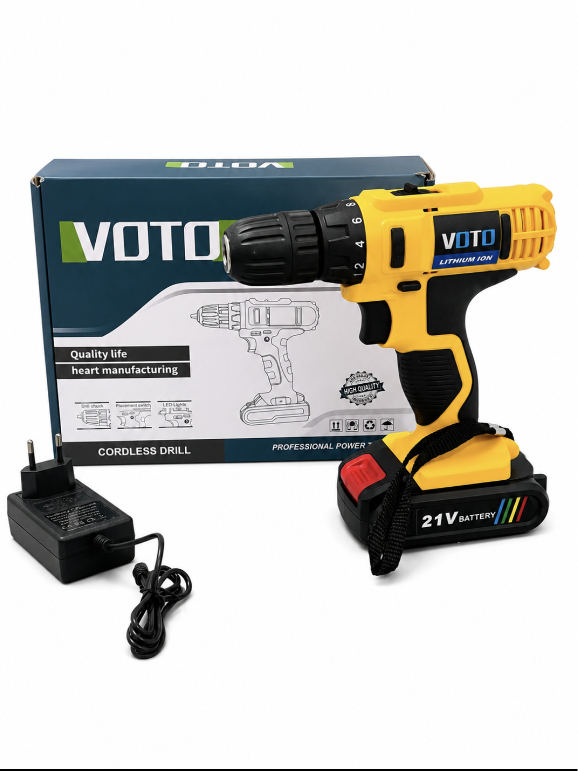 Taladro Atornillador Inalámbrico VOTO 21V con 1 Baterías y Accesorios