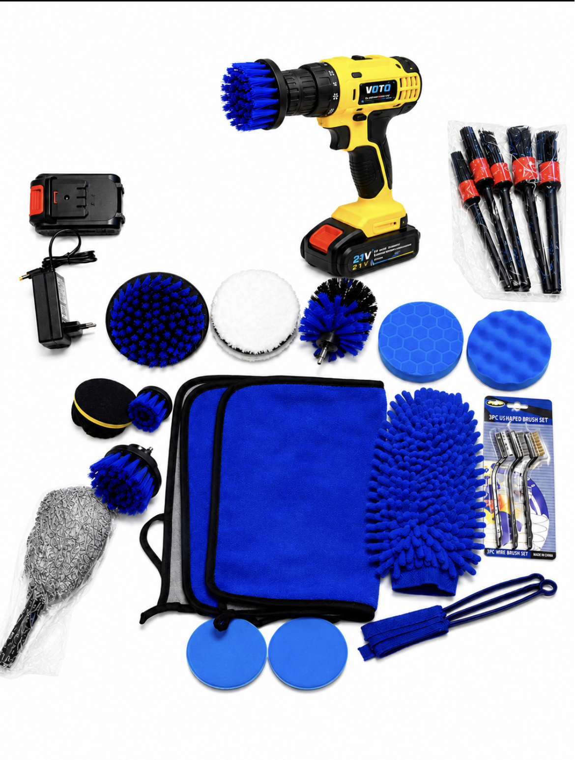 Kit de Limpieza Automotriz 25 Piezas con Taladro Inalámbrico Pulidor 21V
